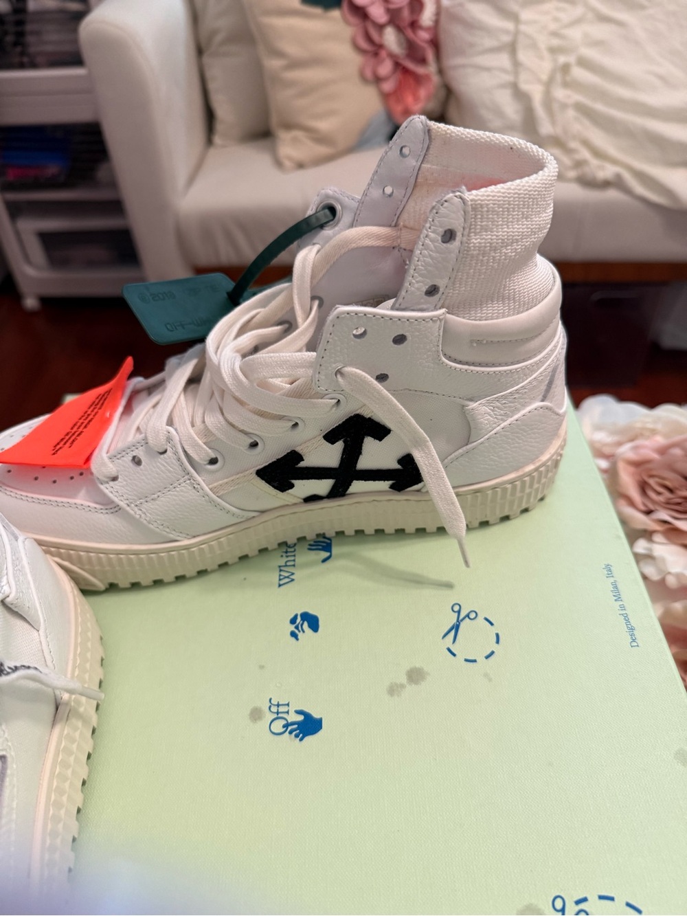 Off-White White High-Top Sneakers with Black Arrow Logo